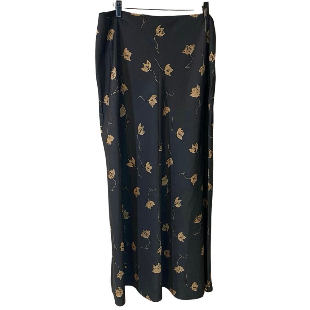 Vintage Finity Naturals Silk Blend Black Floral Leaf Print Midi Skirt Women’s 12